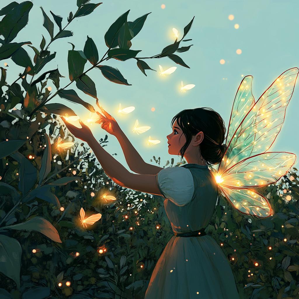 Fairy Girl Playing with Fireflies