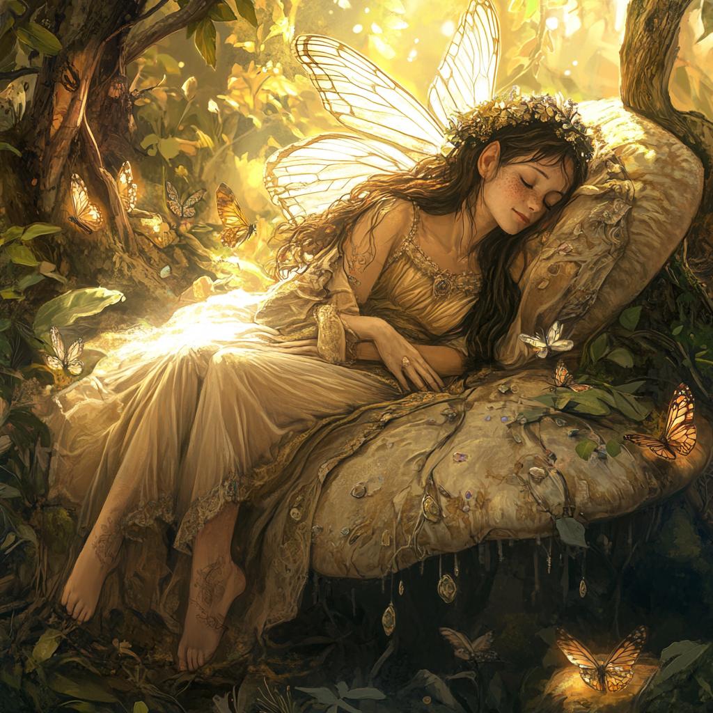 Fairy Girl Resting on Cushions in Forest