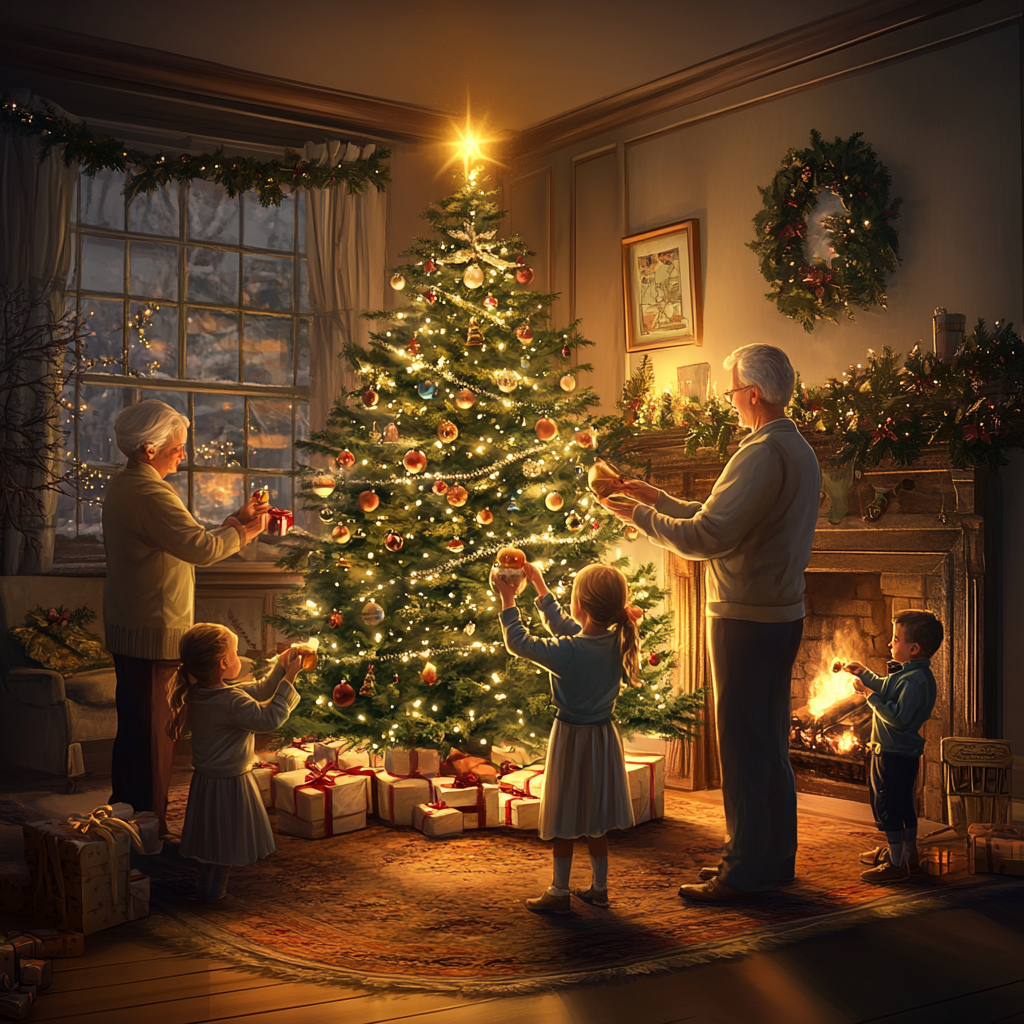Family Decorating Christmas Tree at Home