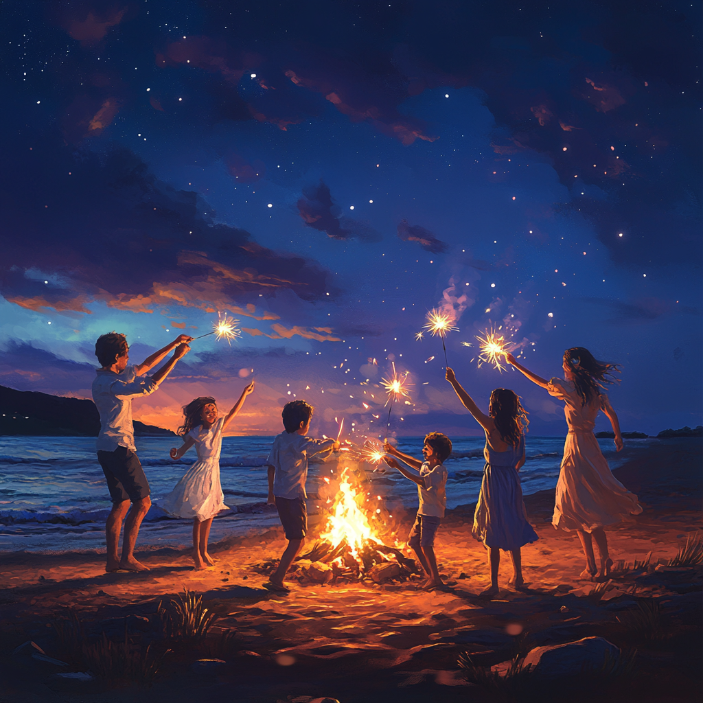 Kids Sitting at Campfire on Beach