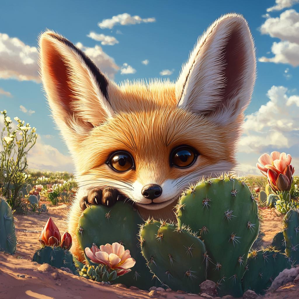 Fennec Fox Portrait with Cactus