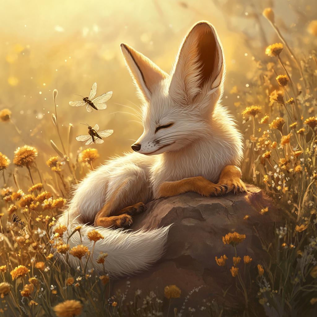 Fennec Fox Resting on Rock with Dragonflies
