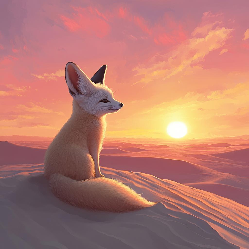Desert Fox Sitting in Sahara at Sunset
