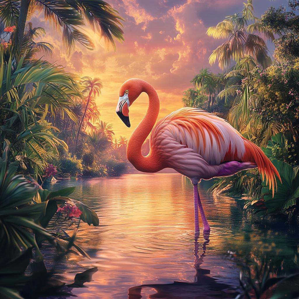 Flamingo Walking in Rainforest River at Sunset