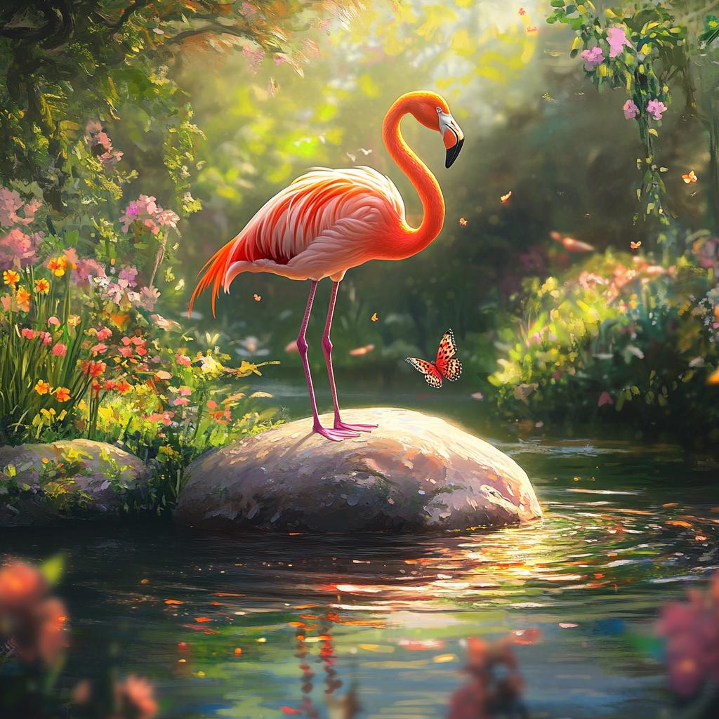 Flamingo on Rock Beside River
