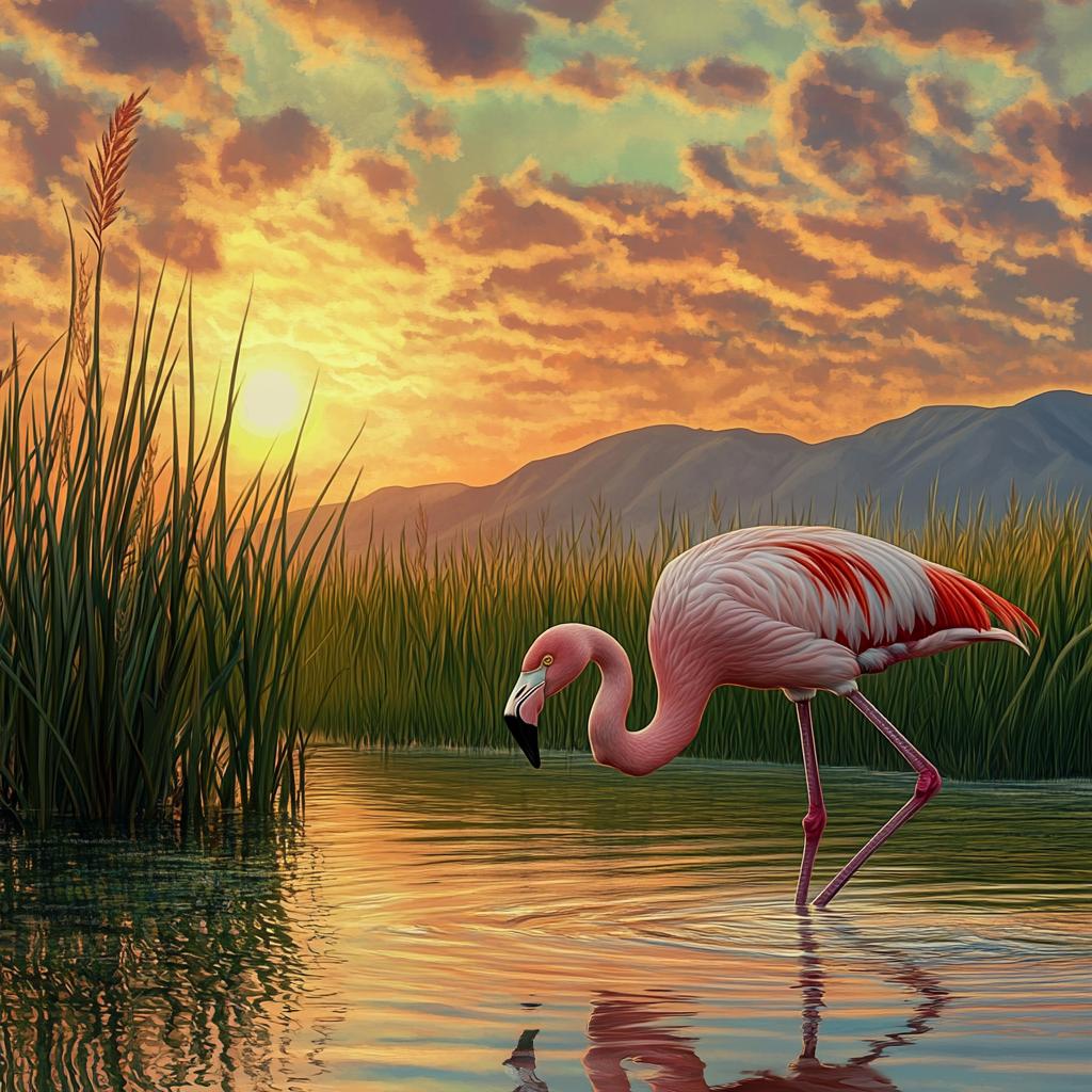 Flamingo Searching for Food in Sunset River
