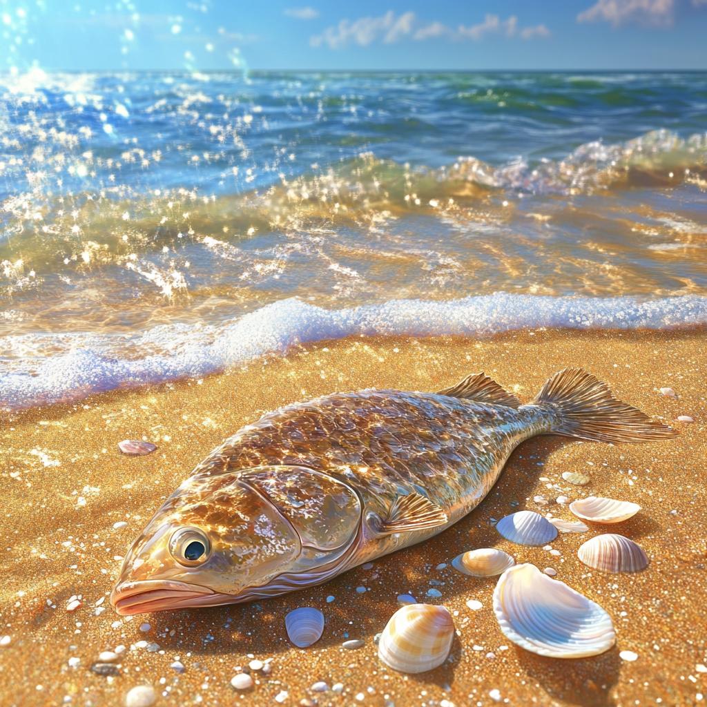 Flounder on Beach Beside Seashells