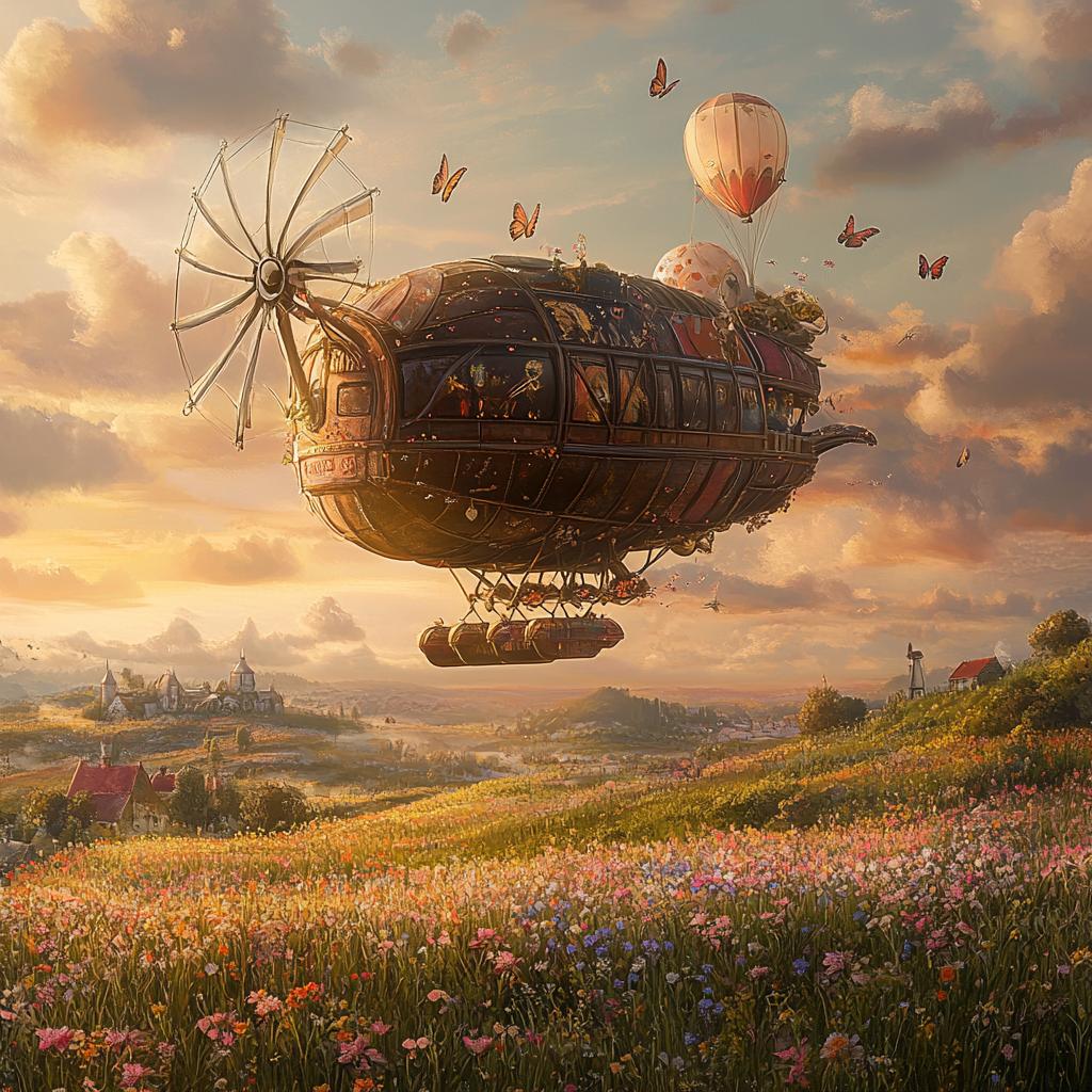 Medieval Flying Ship over Fields