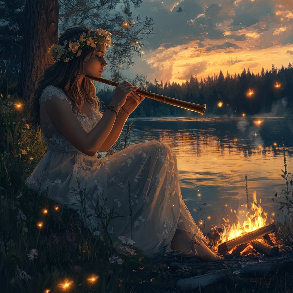 Girl in White Dress Playing Flute at Campfire