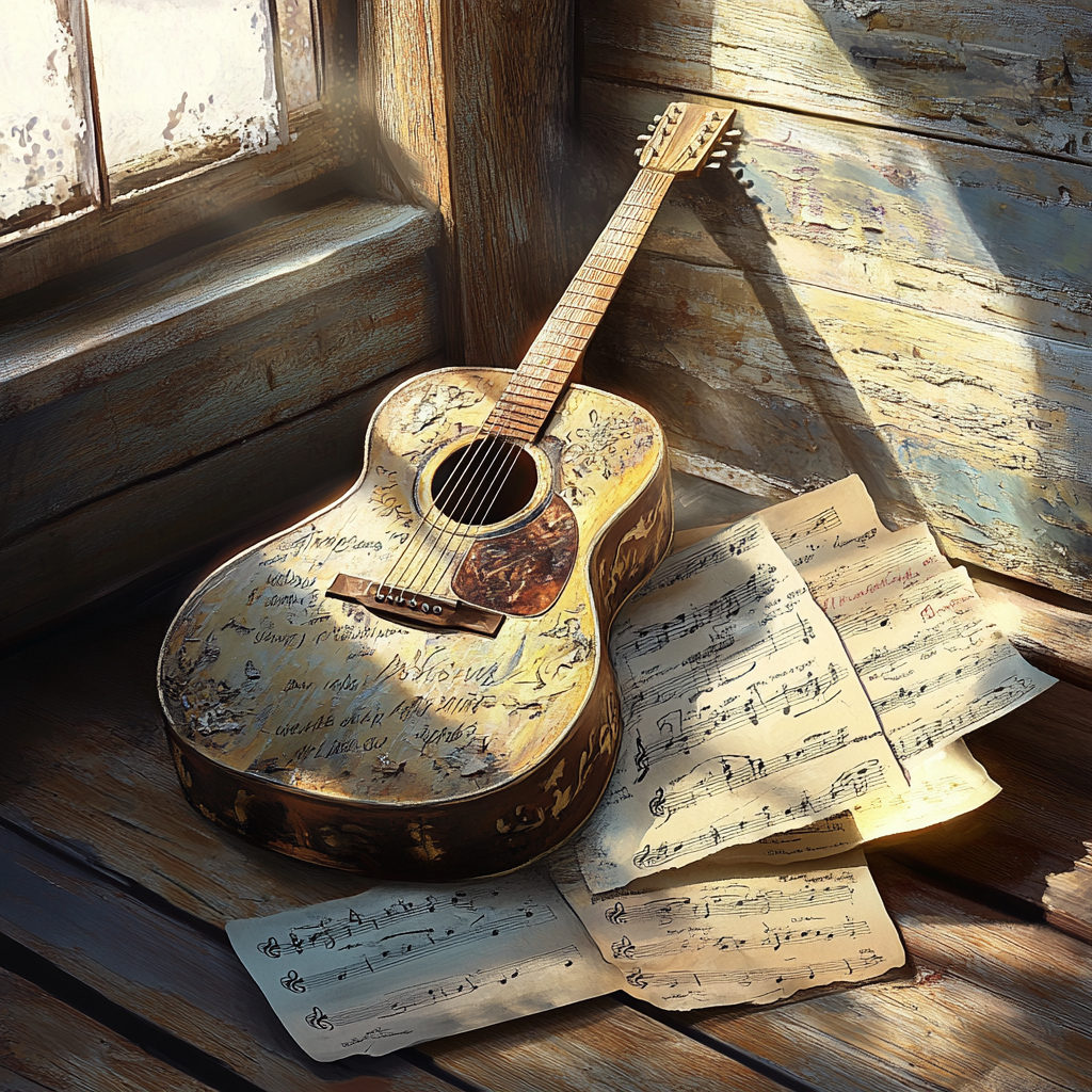 Old Guitar in Abandoned House with Music Sheets