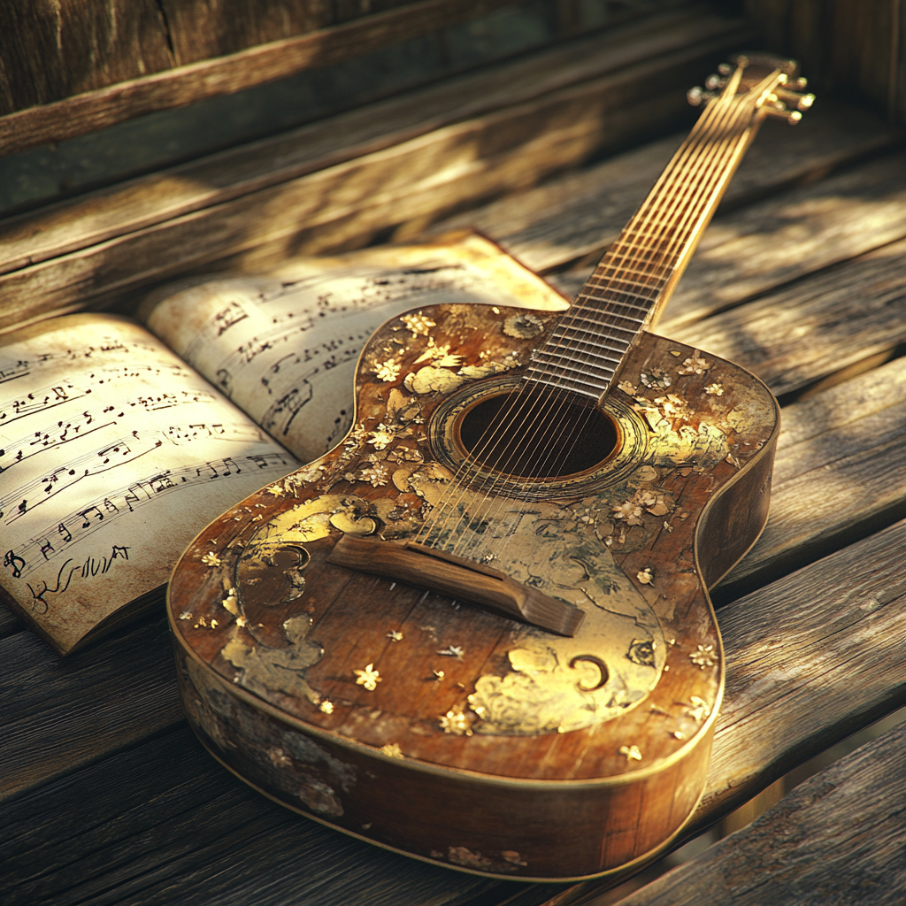 Vintage Guitar in Empty House with Notes