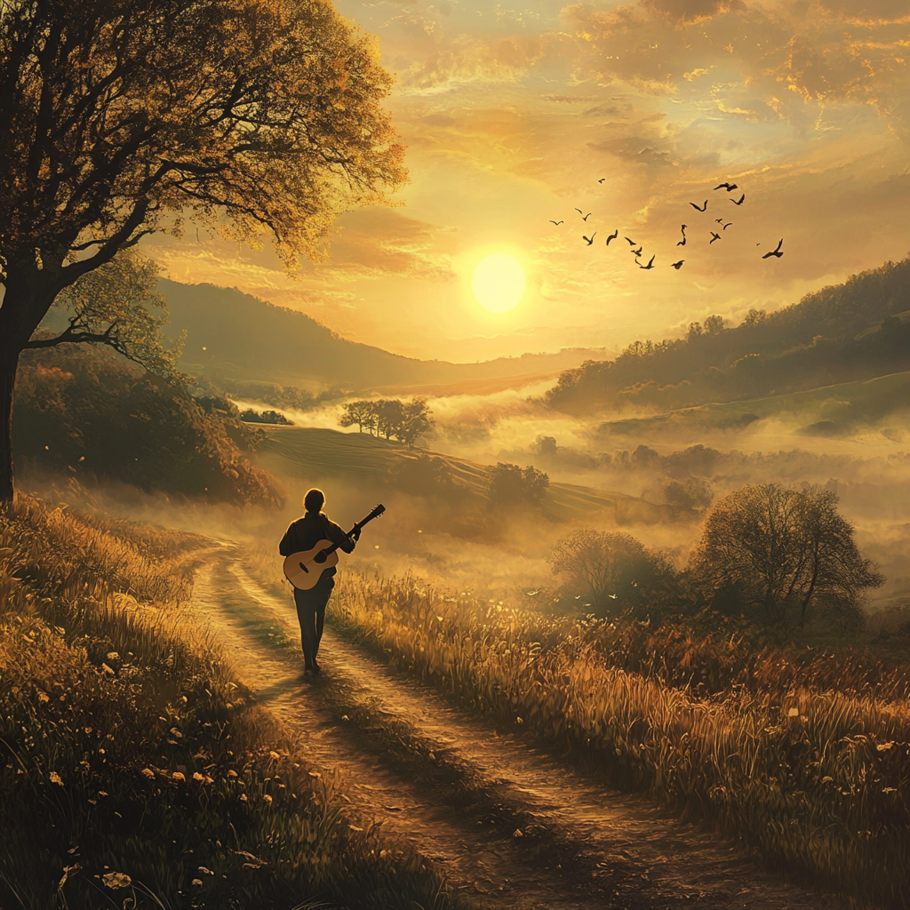 Guitarist Walking Home at Sunset