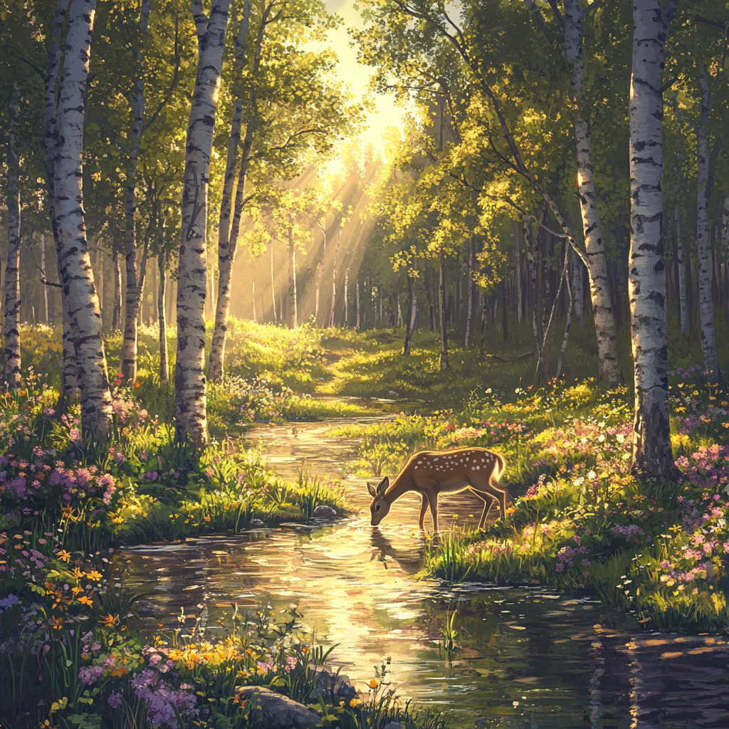 Birch Forest with Deer by the River