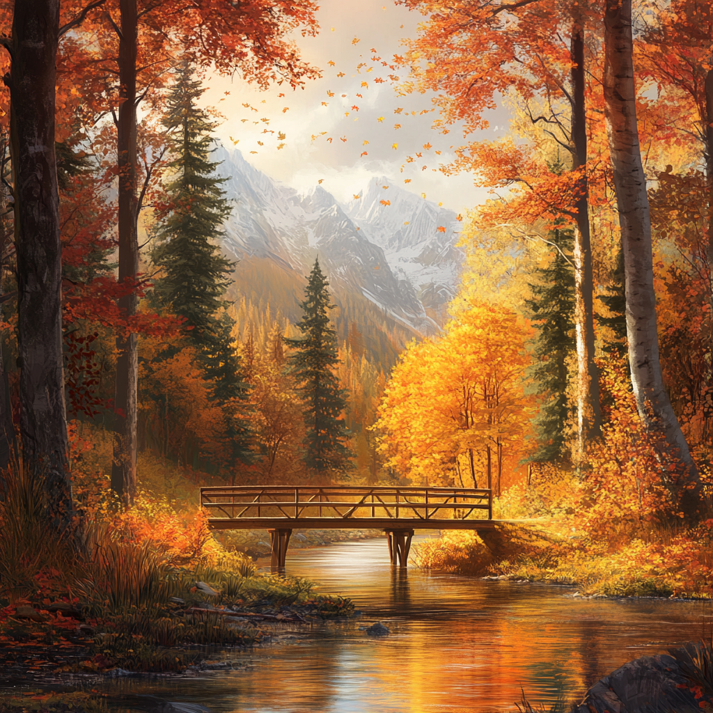 Autumn Forest with Orange Leaves and Bridge