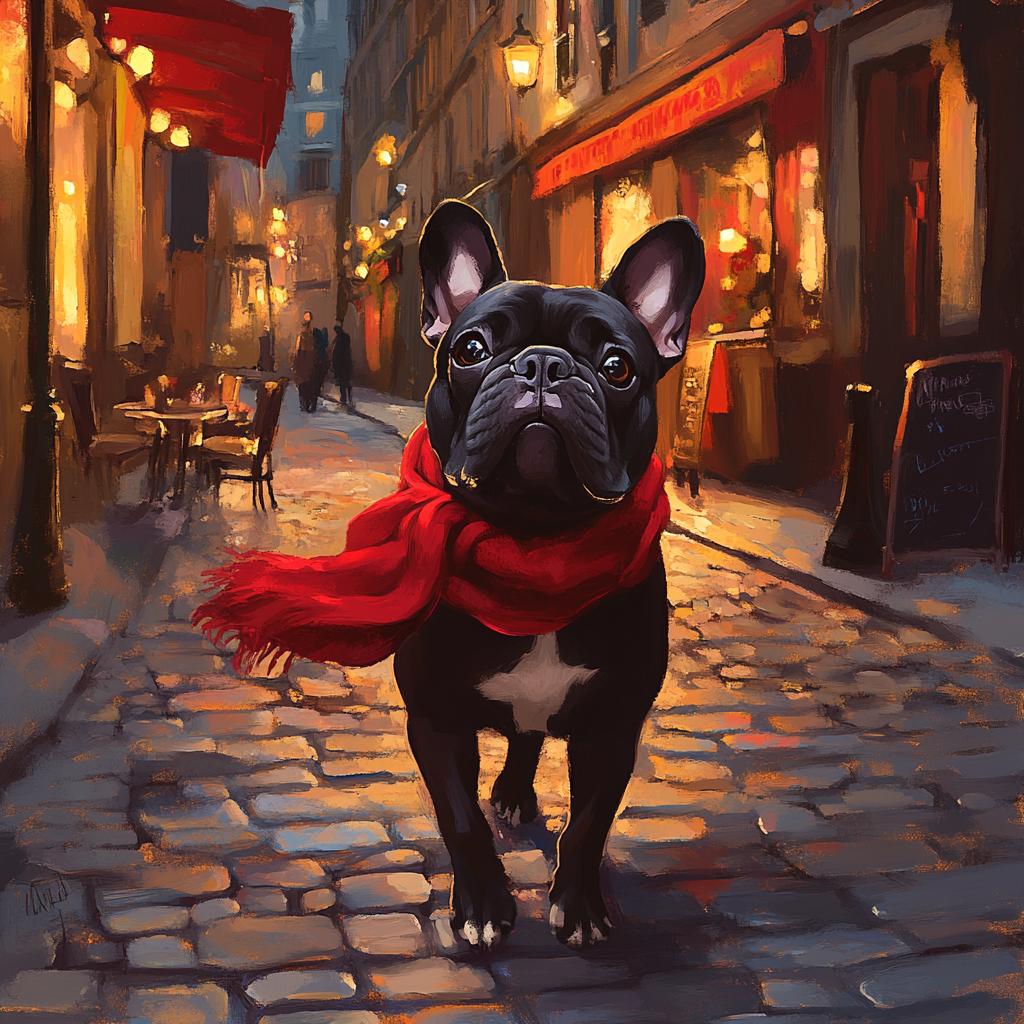 French Bulldog Walking in Paris Street with Red Scarf