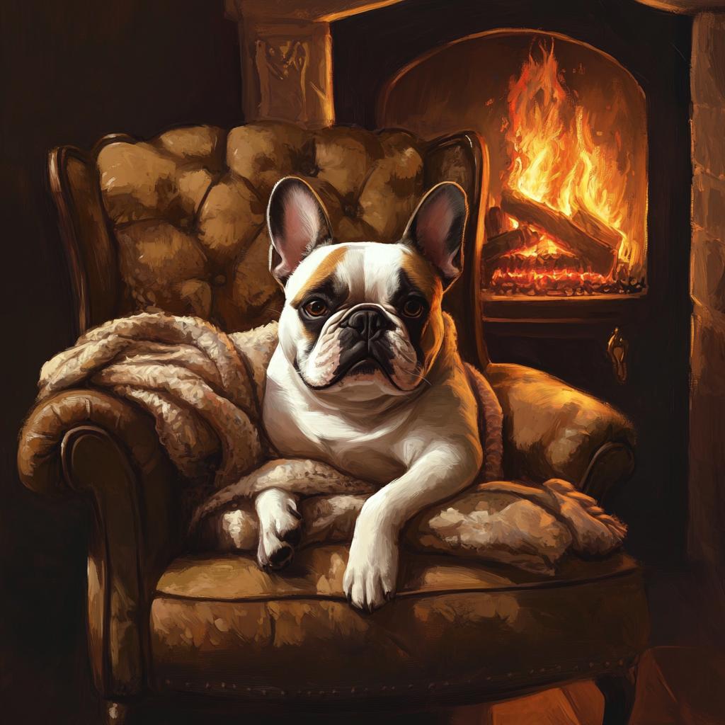 Fench Bulldog Portrait on Couch by Fireplace