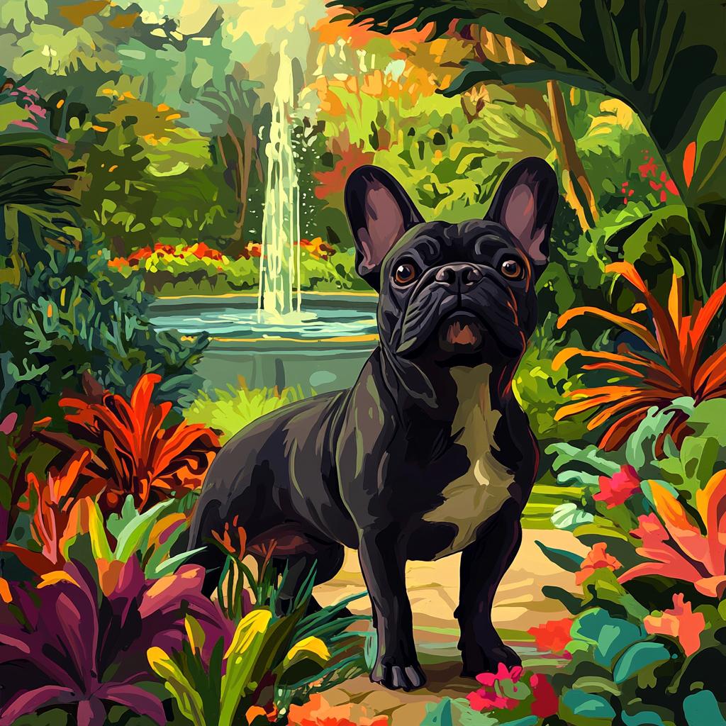 Black French Bulldog Among Colorful Plants