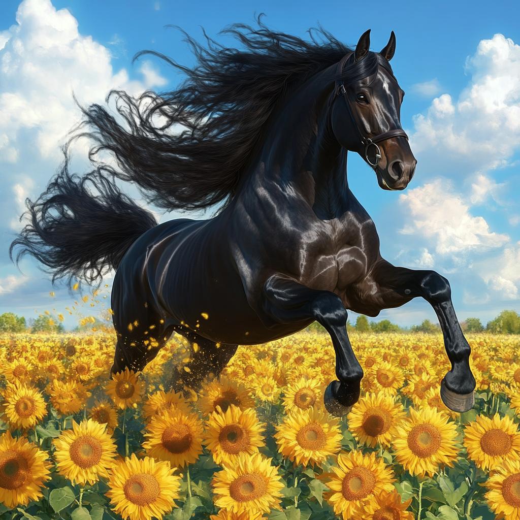 Friesian Horse Jumping in Sunflower Field