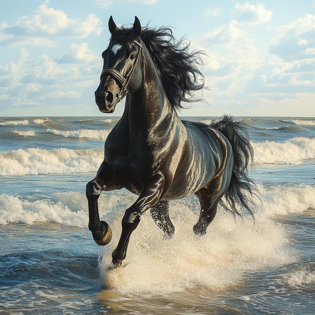 Friesian Horse Portrait in Flower Field