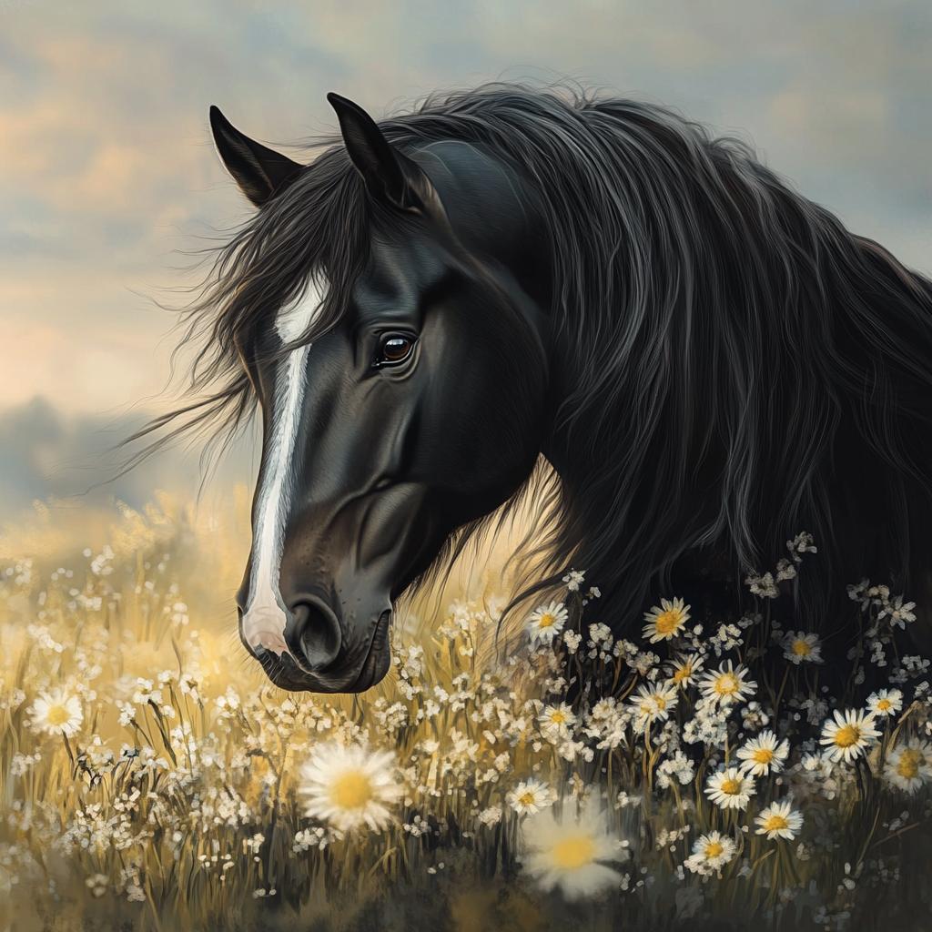 Friesian Horse Standing in Sunlit Forest