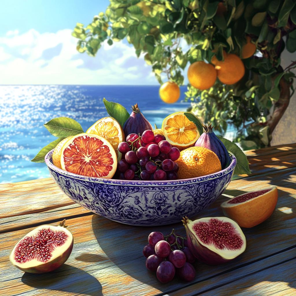 Fruit Bowl on Table Next to Orange Tree