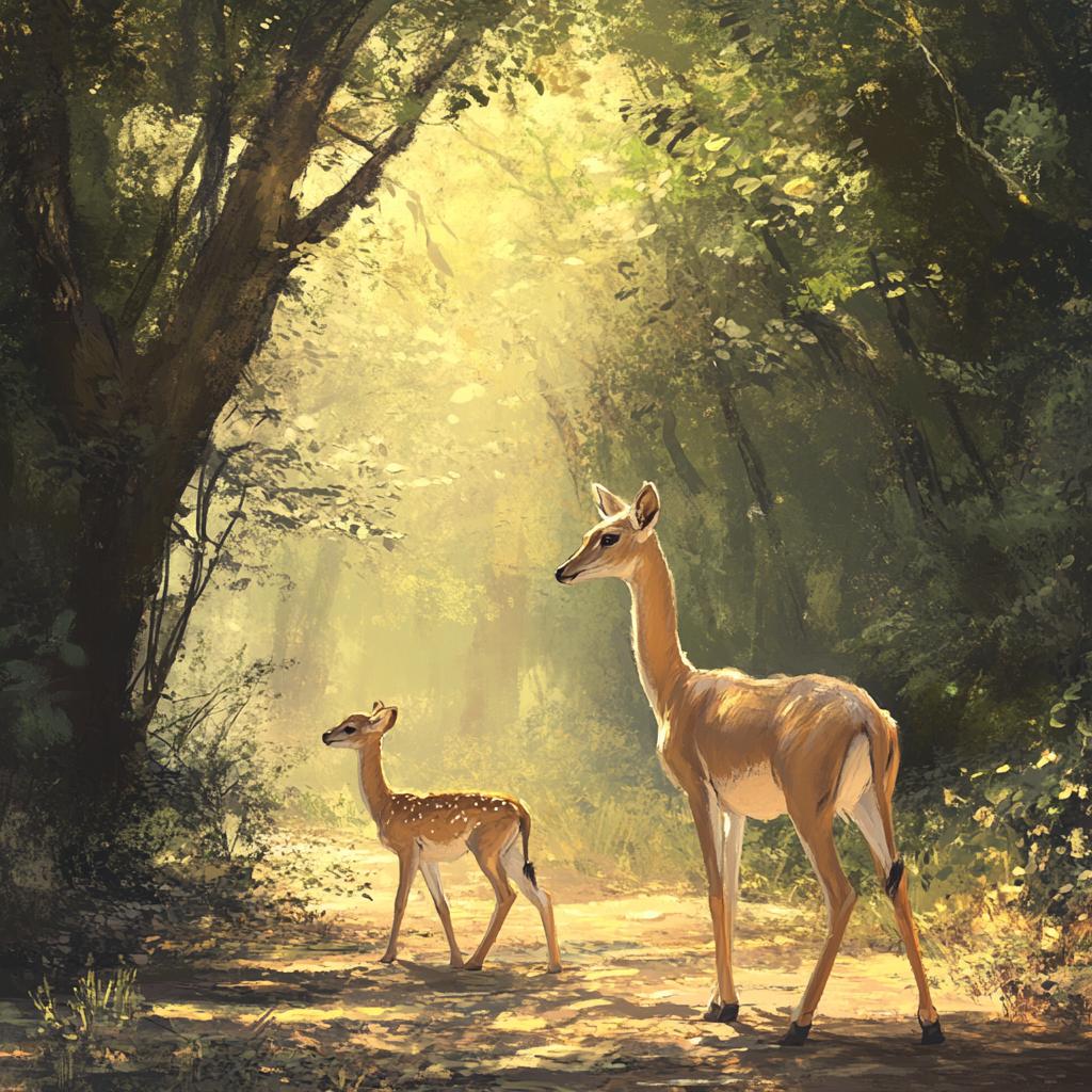 Mother and Baby Gerenuk in Sunlit Forest