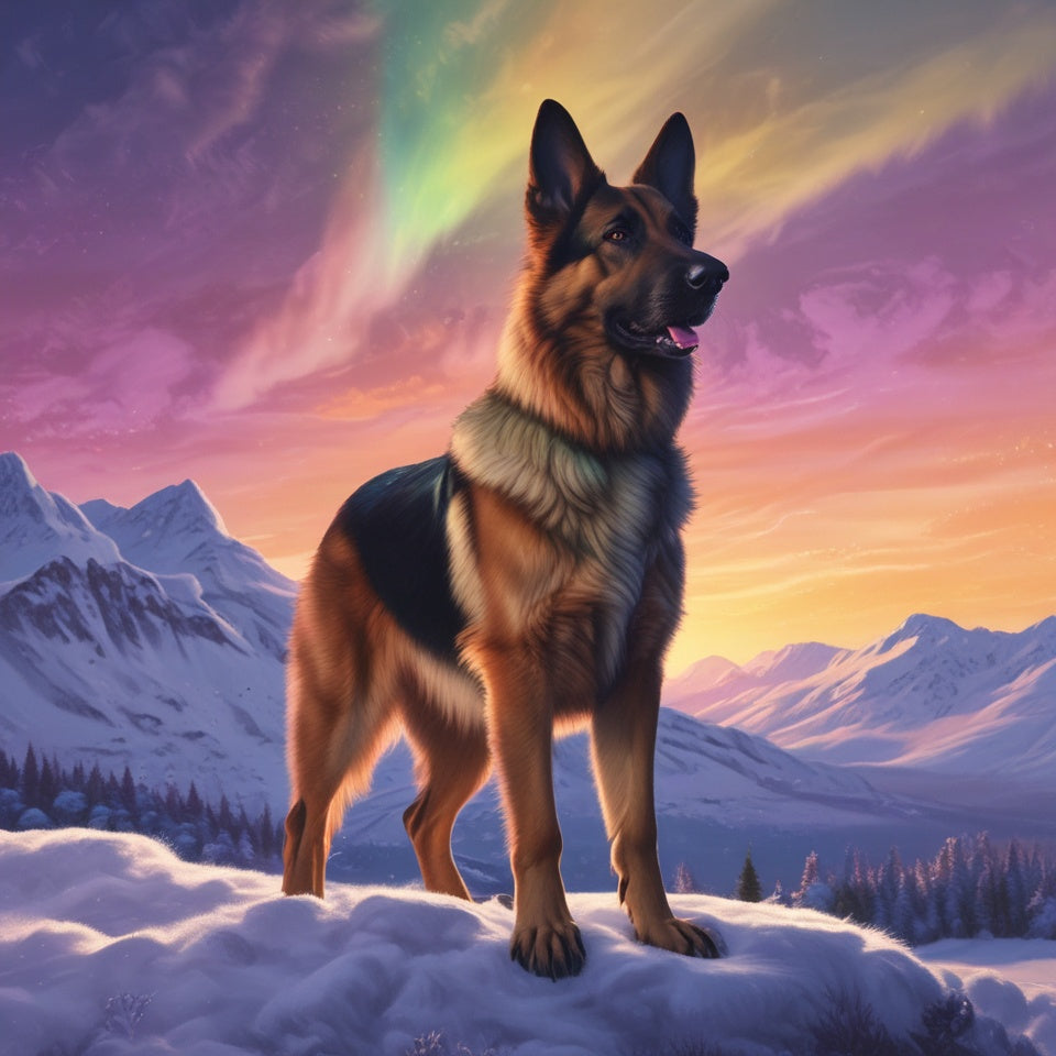 German Shepherd on Snowy Mountain Rock
