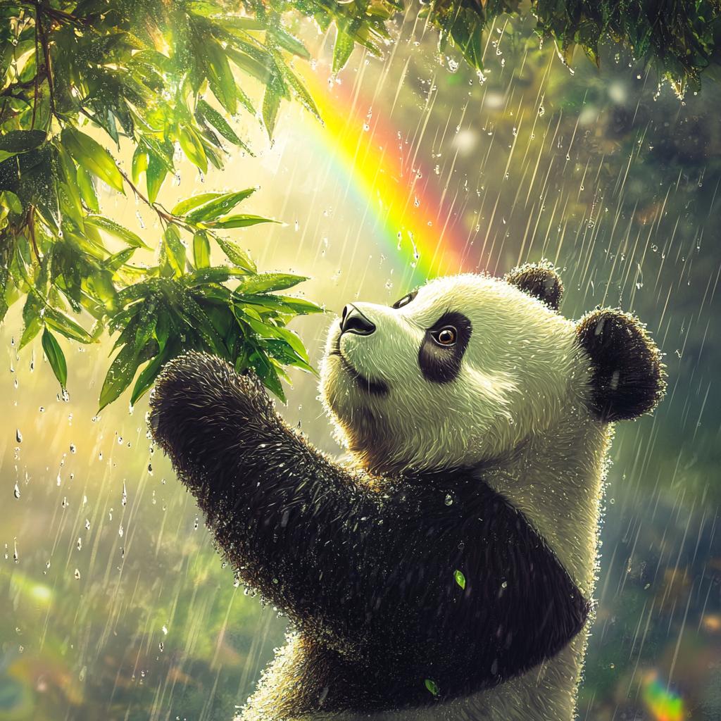 Panda Eating Leaves in Rain