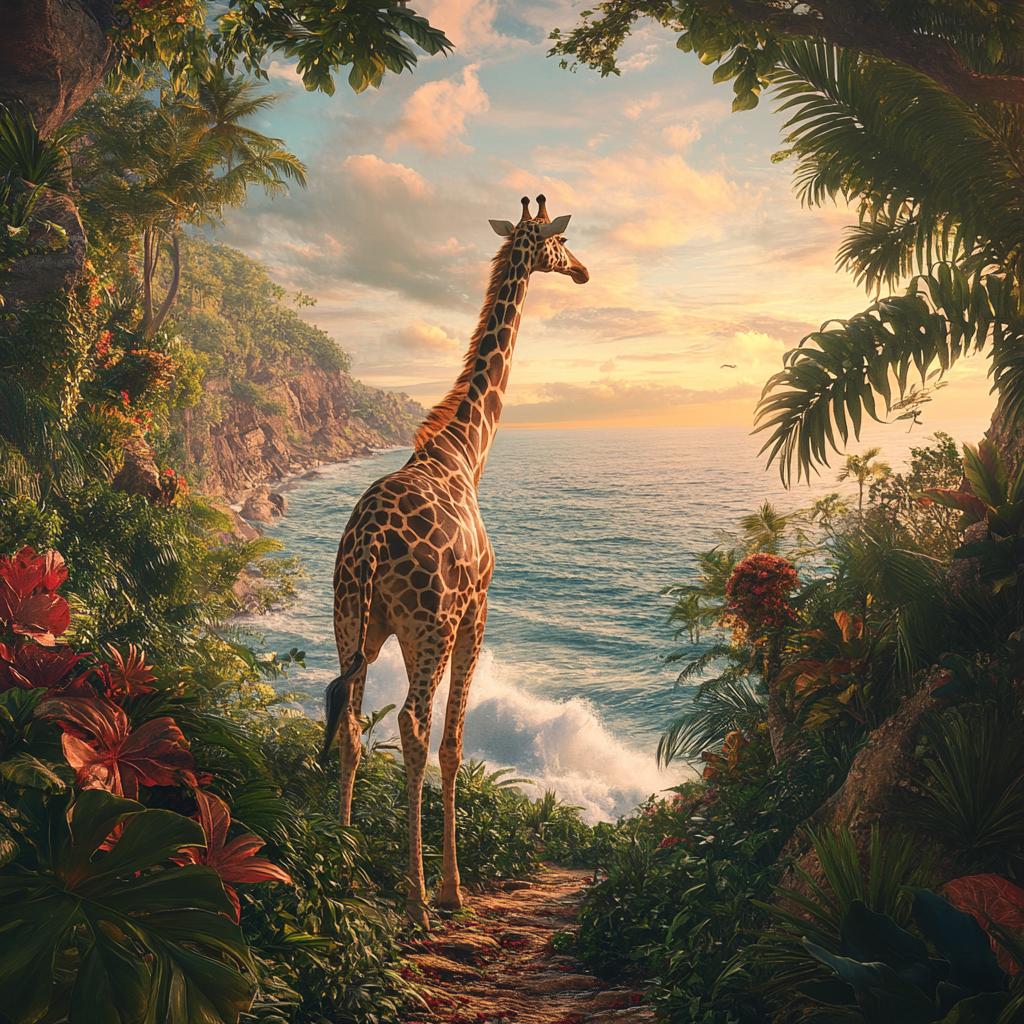 Giraffe by the Sea with Bushes