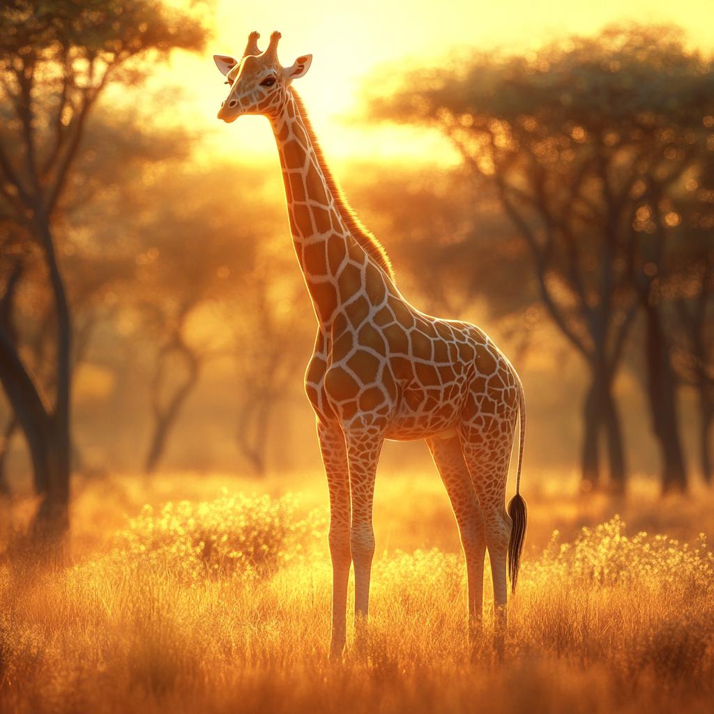 Giraffe Standing in Sunny Grassfield