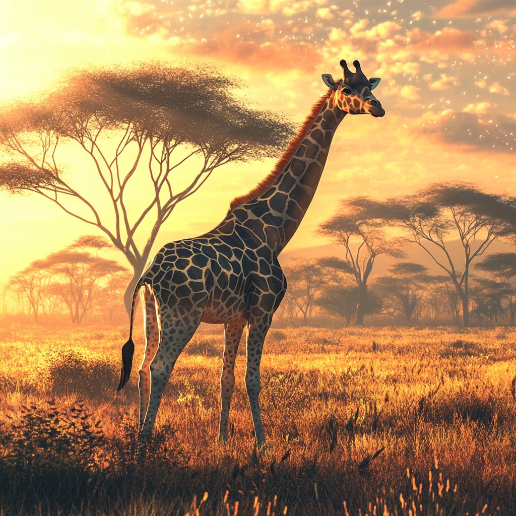 Giraffe in Bright Sunlit Grassland
