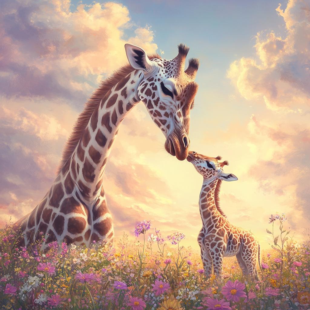 Mother and Baby Giraffe Touching Noses