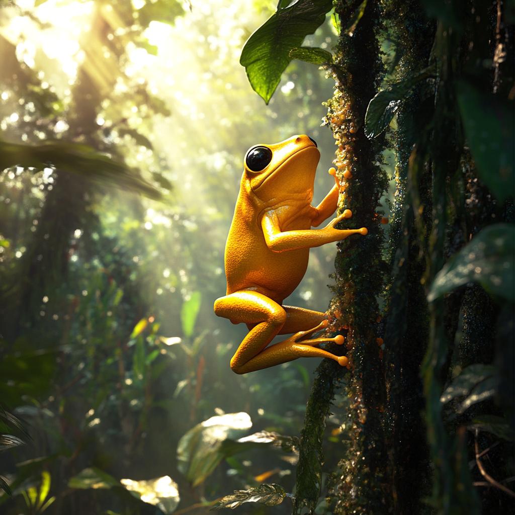 Golden Dart Frog Climbing Tree in Rainforest