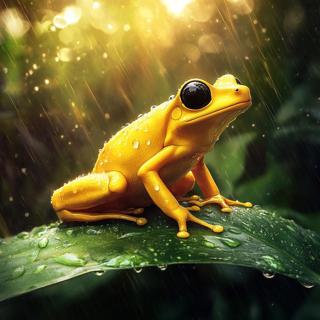 Golden Dart Frog on Leaf in Rain