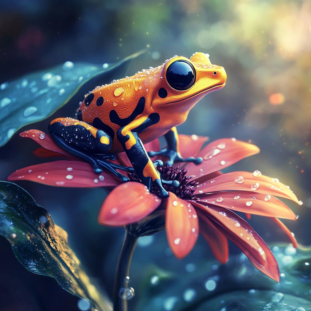 Golden Dart Frog on Flower in Rain
