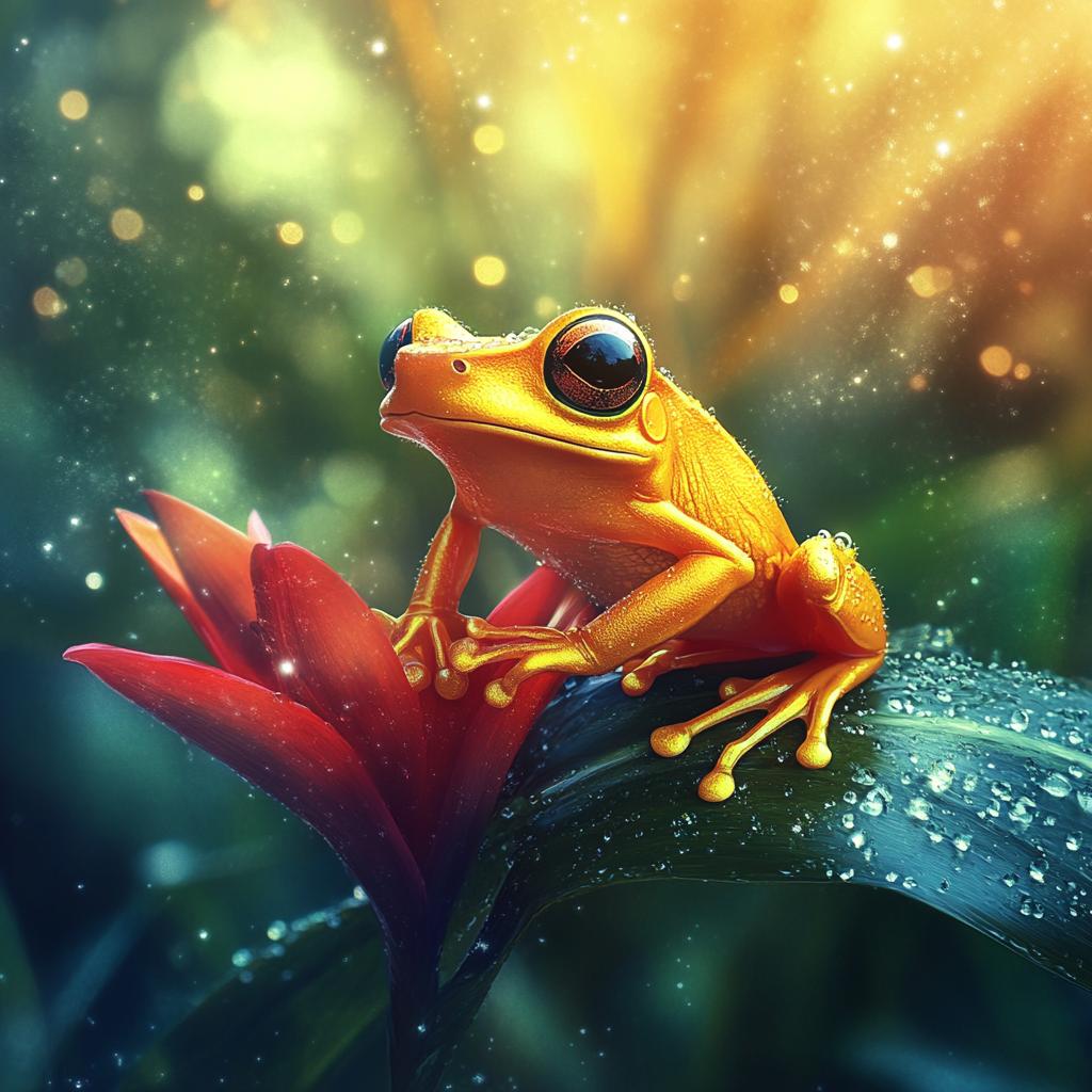 Golden Dart Frog on Colorful Bloom