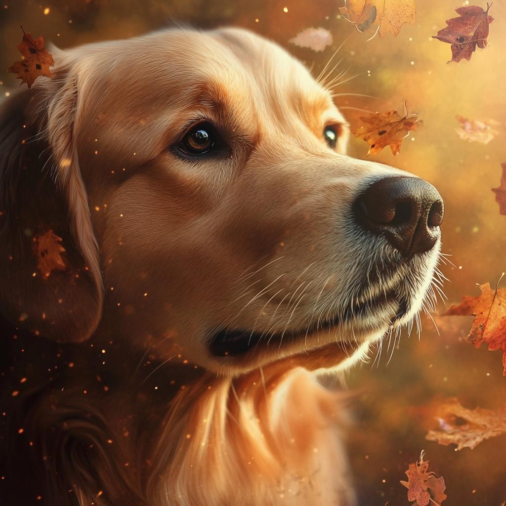 Golden Retriever Portrait in Autumn Leaves