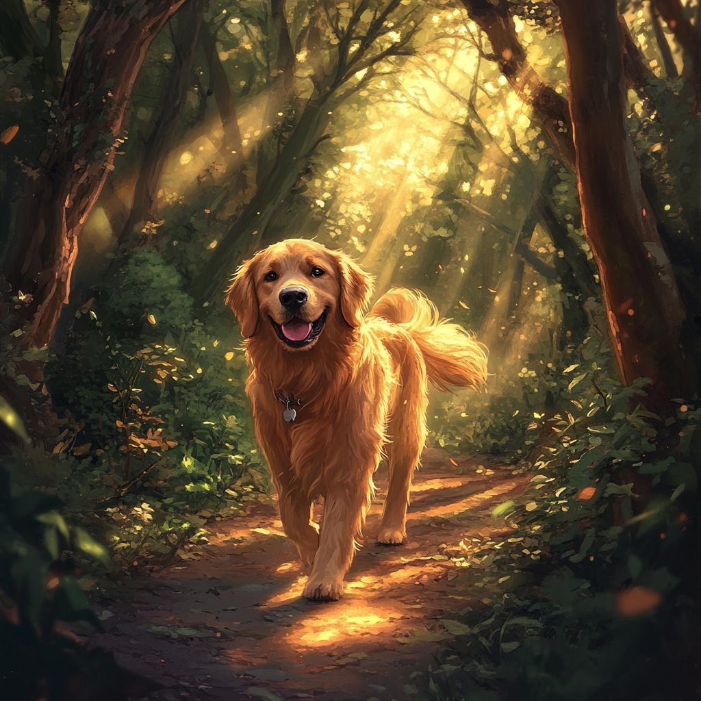 Golden Retriever Walking in Sunlit Forest