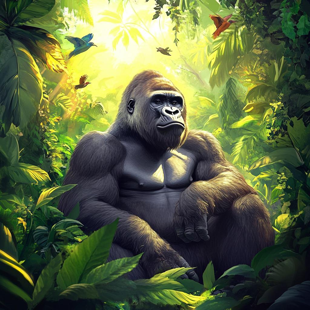 Gorilla Sitting in Sunlit Forest
