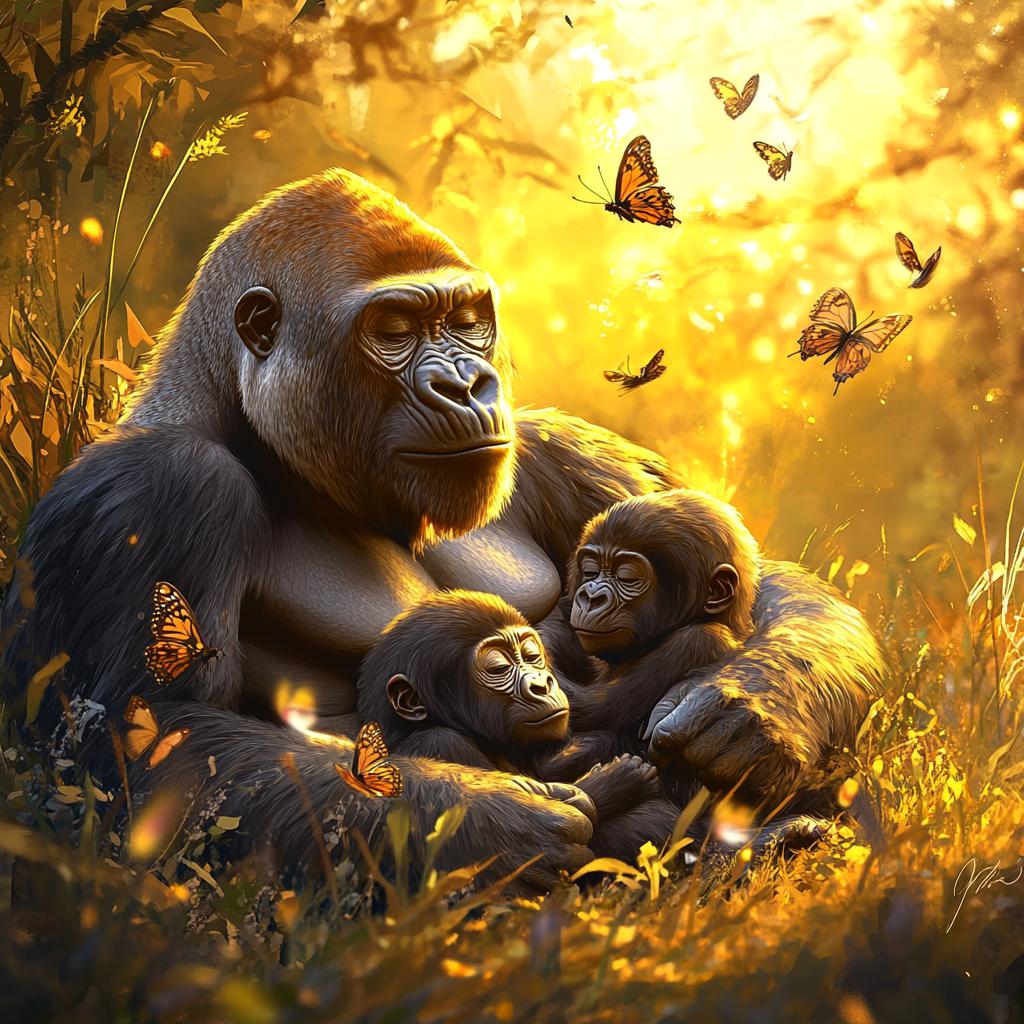 Mother Gorilla with Babies in Morning Light