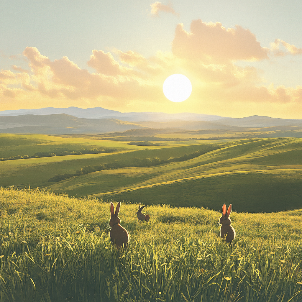 Grassland Sunrise with Bunnies