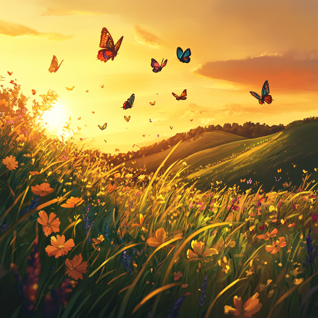 Grassland Sunset with Butterflies