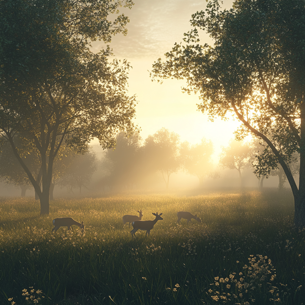 Grassland with Deer at Morning Light