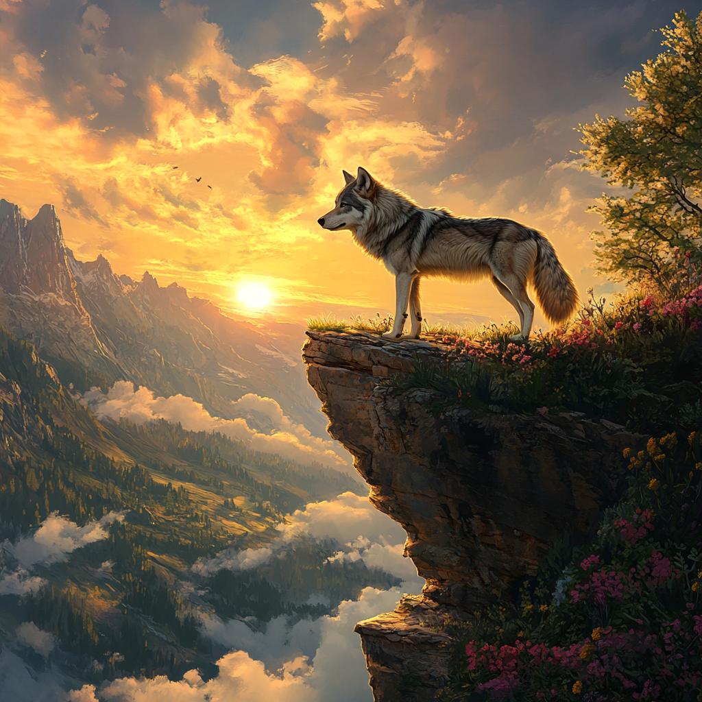 Gray Wolf on Cliff at Sunset
