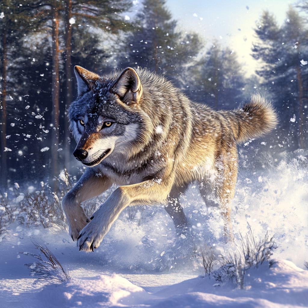 Gray Wolf Running in Snow