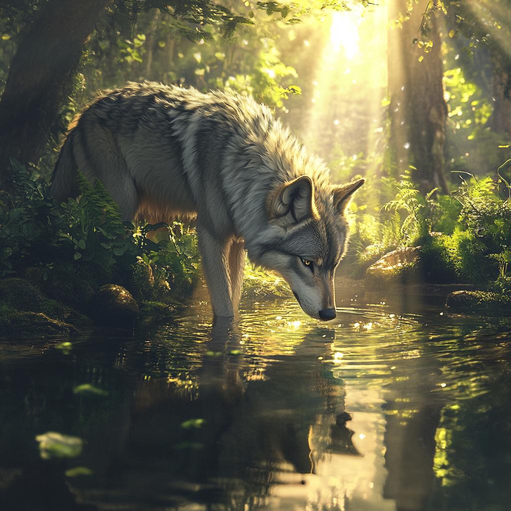 Gray Wolf Drinking by Forest River