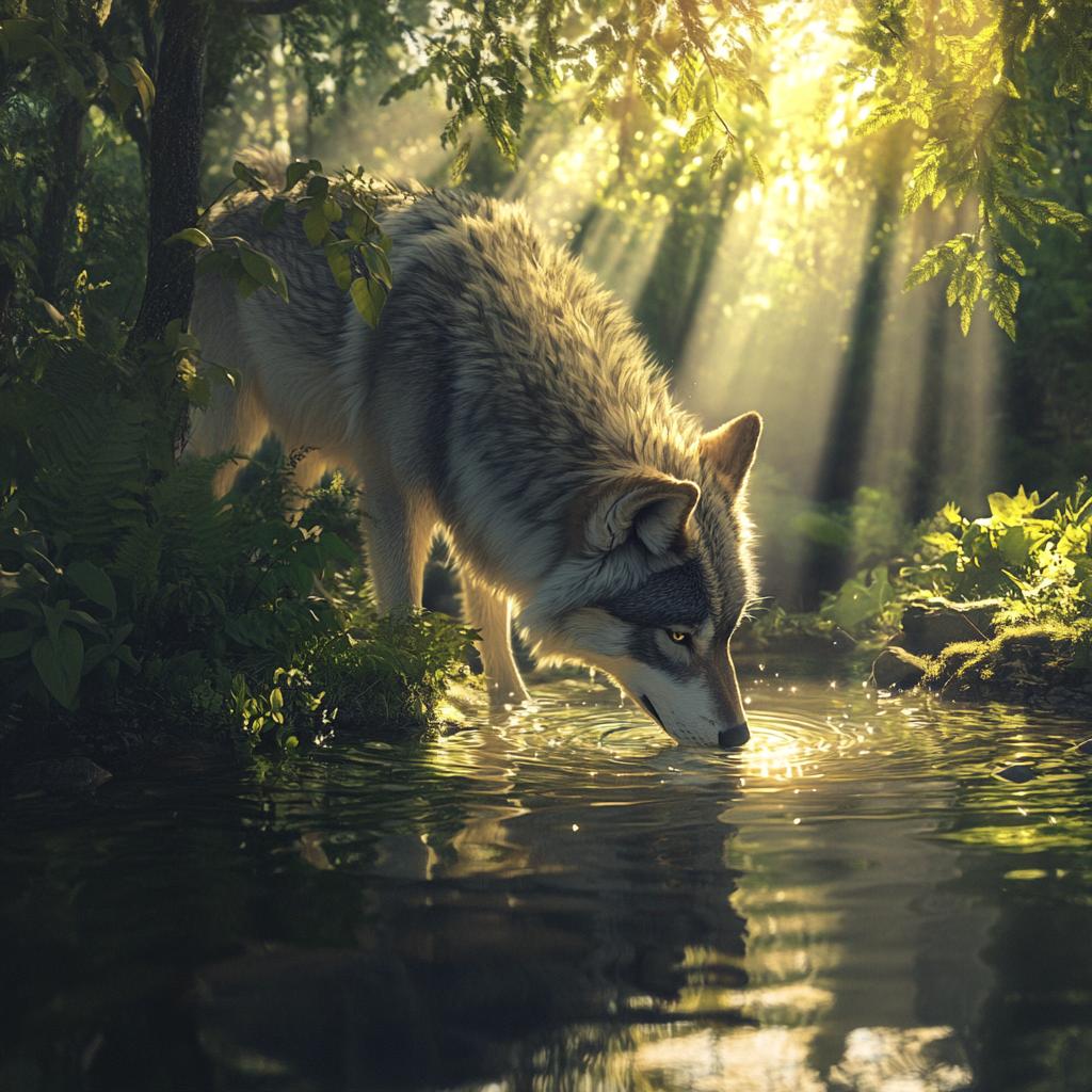 Gray Wolf by River Under Sunbeam