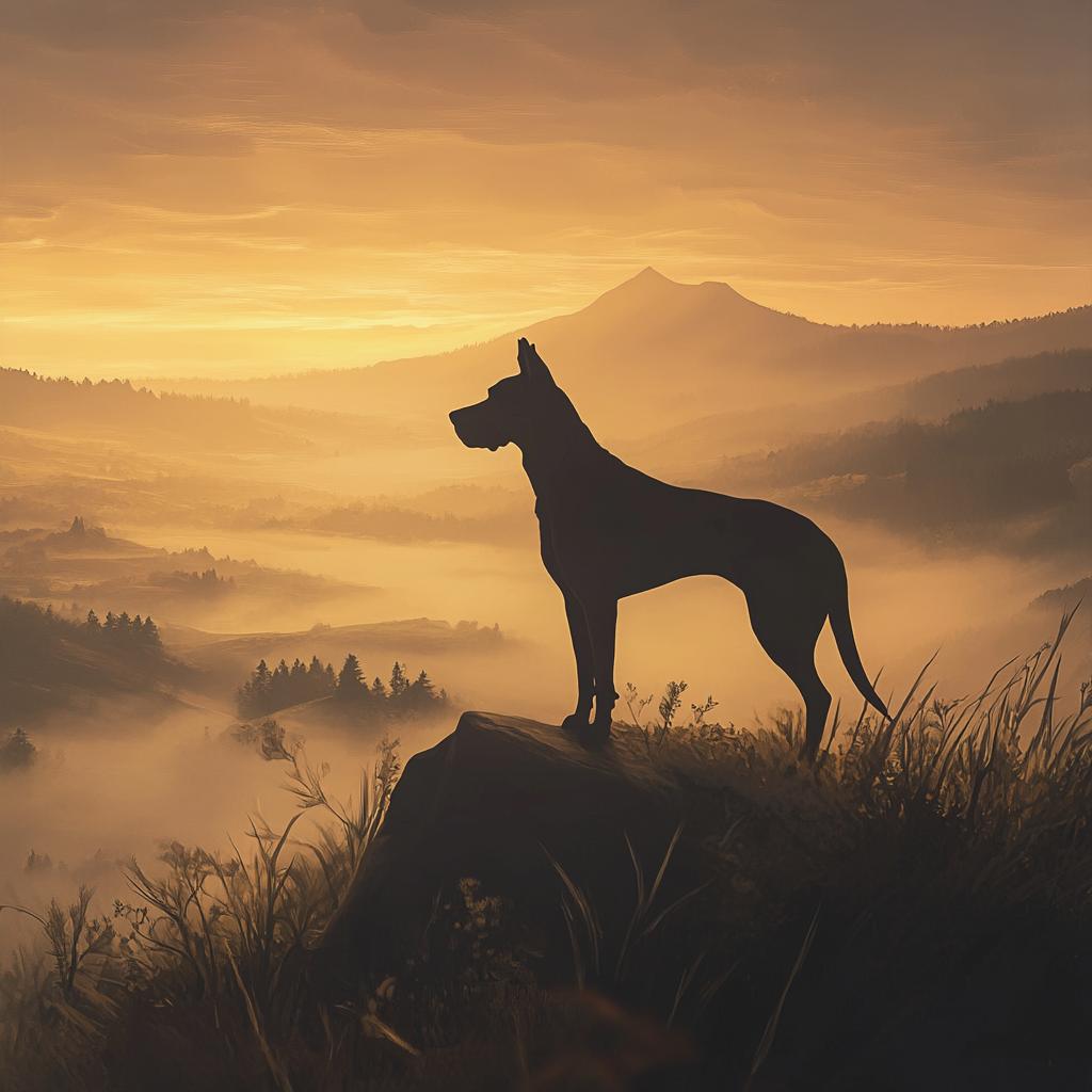 Great Dane on Rock Over Misty Mountains