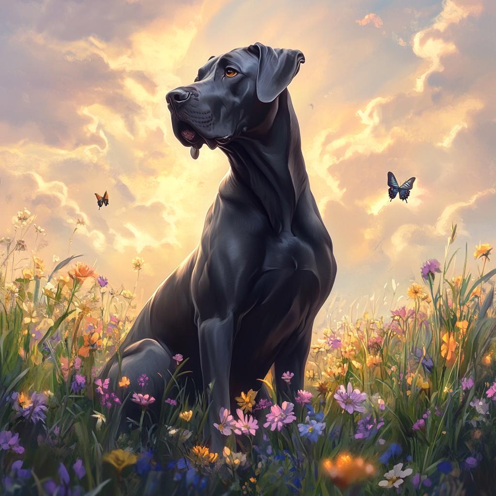 Great Dane Sitting in Flower Field