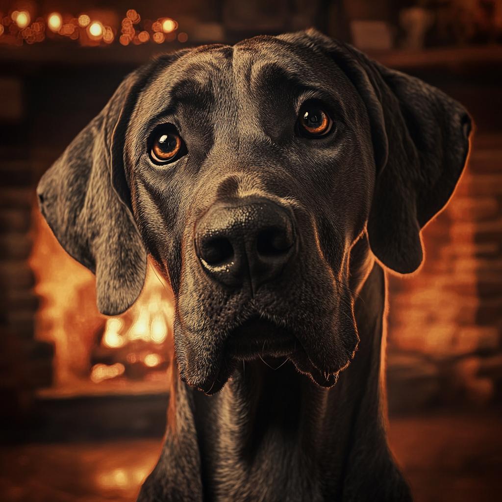 Great Dane Portrait by Fireplace